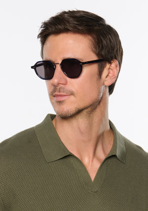 DAKOTA | Indigo Tortoise Silver Polarized Handcrafted, luxury, dark blue tortoise acetate polarized KREWE sunglasses with silver bridge and hardware mens model | Model: Tom