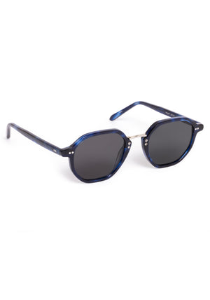 DAKOTA | Indigo Tortoise Silver Polarized Handcrafted, luxury, dark blue tortoise acetate polarized KREWE sunglasses with silver bridge and hardware