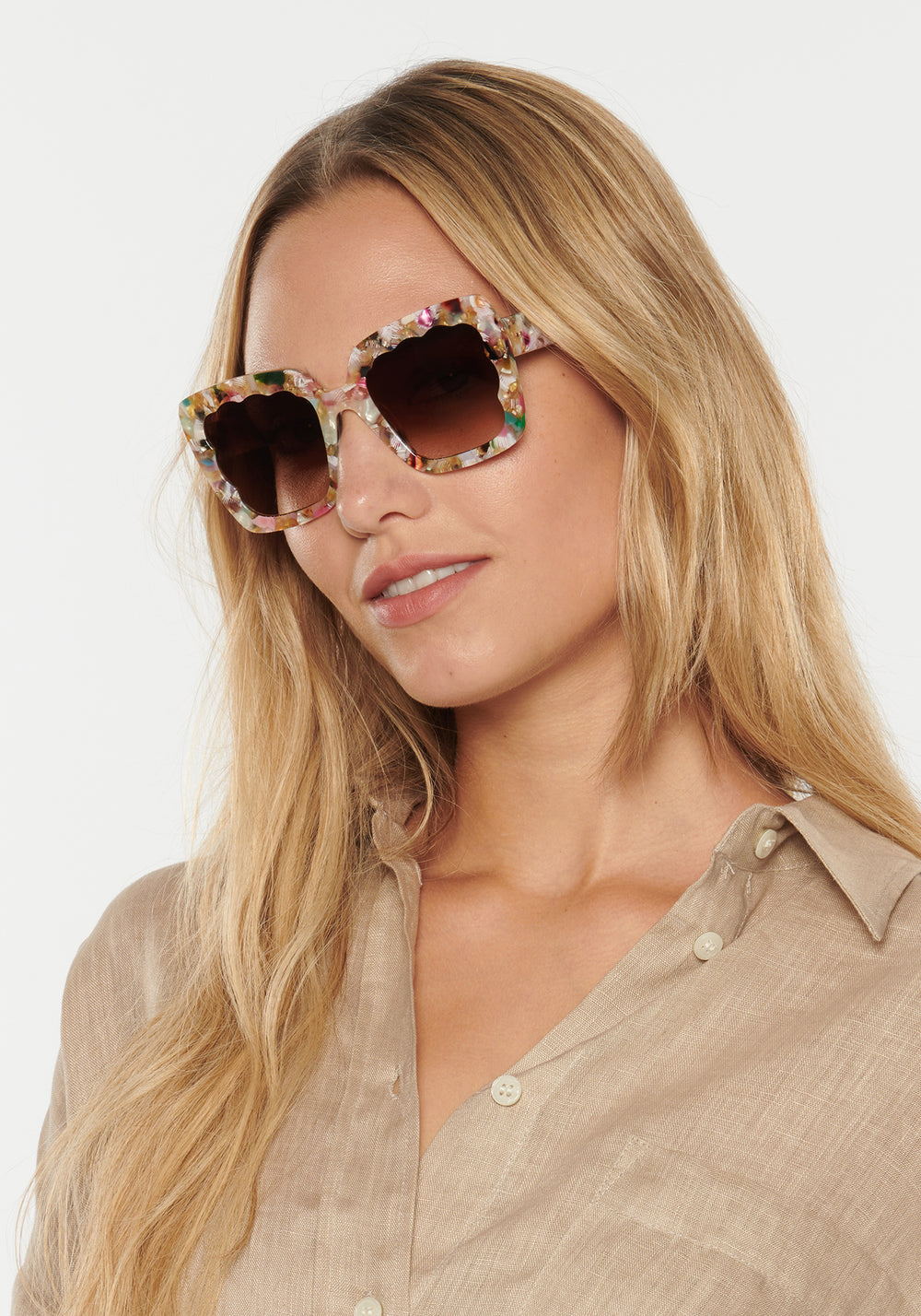 ELIZABETH | Glace Handcrafted, luxury pastel multicolored acetate oversized rectangular scalloped cat-eye KREWE sunglasses womens model | Model: Erica