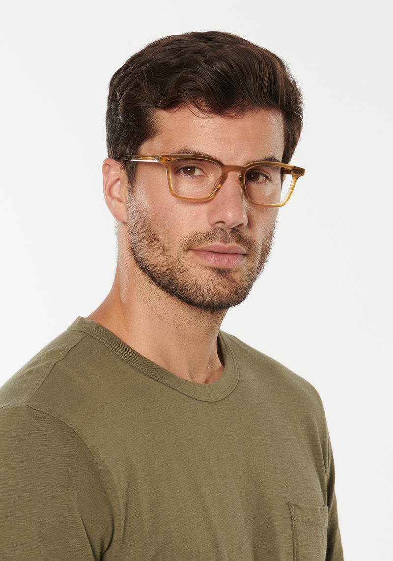 ETHAN | Umber Handcrafted, luxury light brown tan acetate square KREWE eyeglasses mens model | Model: Douglas