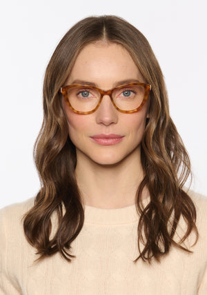 HELENA | Fernet Handcrafted, luxury brown checkered tortoise acetate cat-eye KREWE eyeglasses womens model | Model: Vanessa