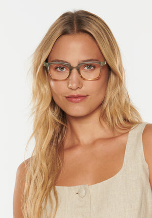 HOWARD | Root + Shale Handcrafted, luxury grey and brown acetate rectangular KREWE eyeglasses womens model | Model: Erica
