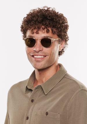 KREWE SUNGLASSES - LANDRY | Haze Polarized handcrafted, luxury yellow tinted acetate round sunglasses mens model | Model: Miguel