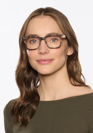 LEE | Matte Sunday Tortoise Handcrafted, luxury matte brown tortoise acetate square rectangle KREWE eyeglasses womens model | Model: Vanessa