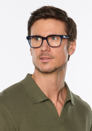 LEE | Oceana Handcrafted, luxury blue acetate square rectangle KREWE eyeglasses mens model | Model: Tom