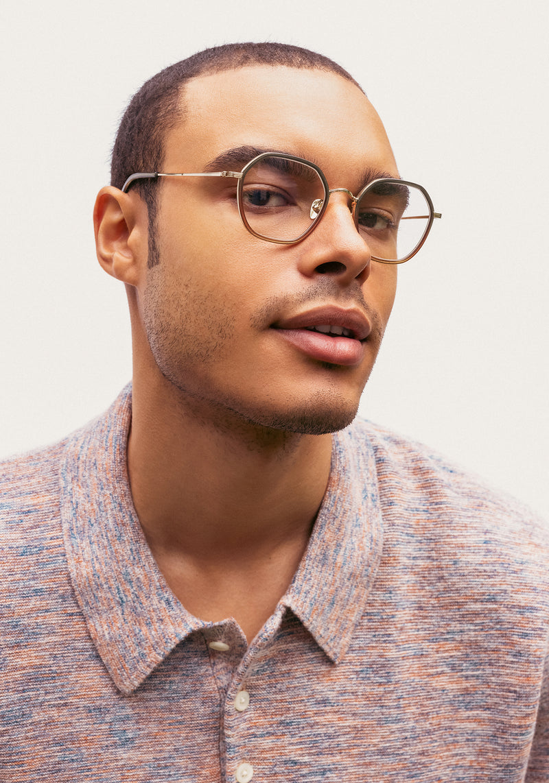 KREWE - LEIGHTON | 12K Titanium + Wasabi handcrafted, luxury green gradient octagonal eyeglasses with 12K gold plated metal hardware mens model campaign | Model: Jeffrey