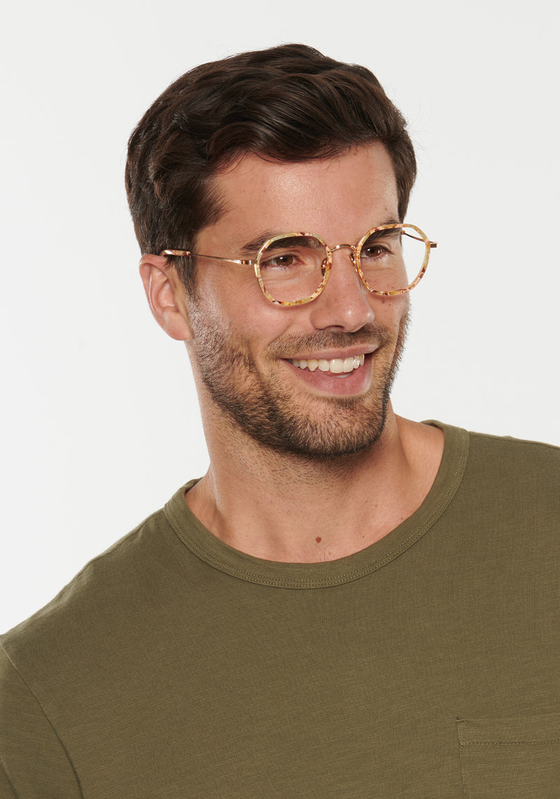 LEIGHTON | 18K Titanium + Frappe Handcrafted, luxury pastel green brown tortoise octagonal KREWE eyeglasses with 18k gold plated metal hardware mens model | Model: Douglas