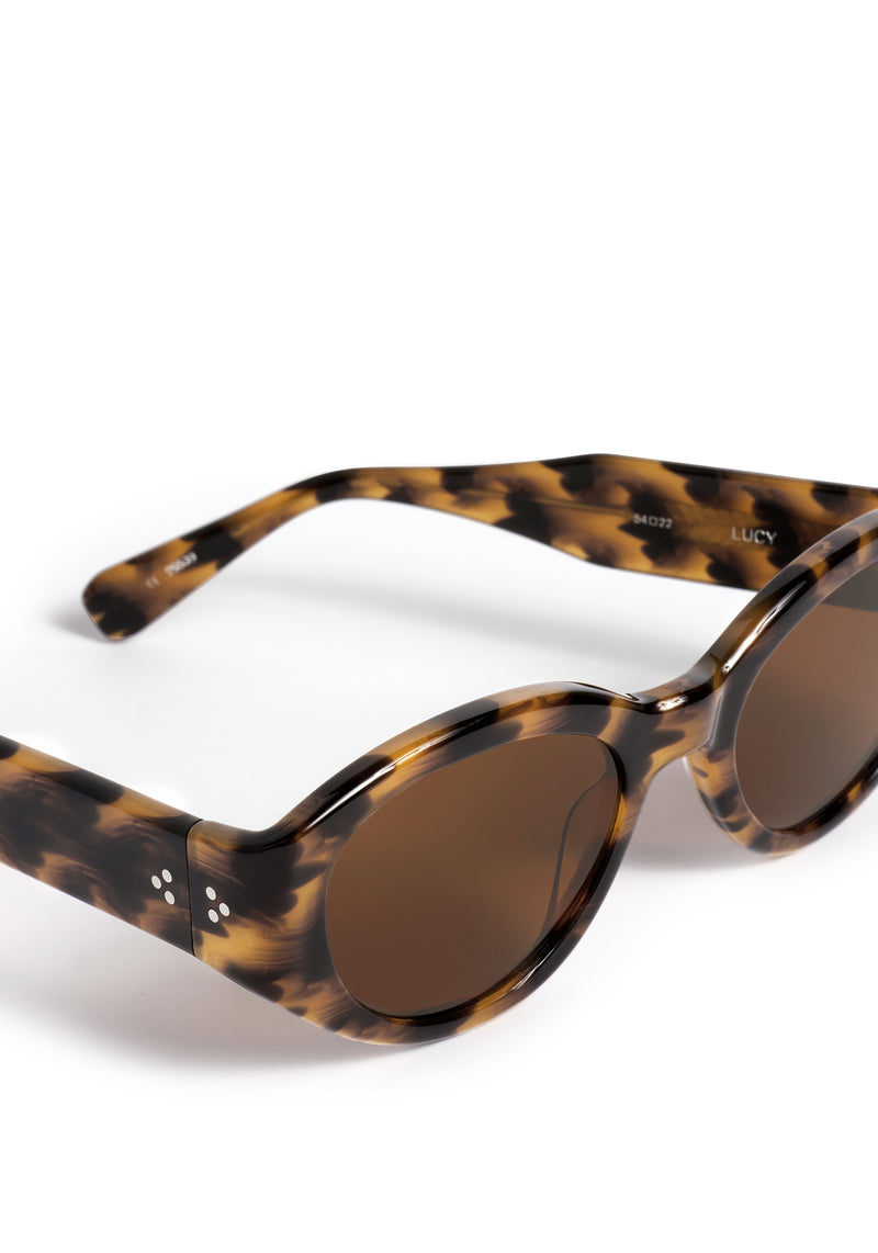 LUCY | Venezia Handcrafted, luxury dark brown tortoise acetate medium sized oval wrap KREWE sunglasses womens model