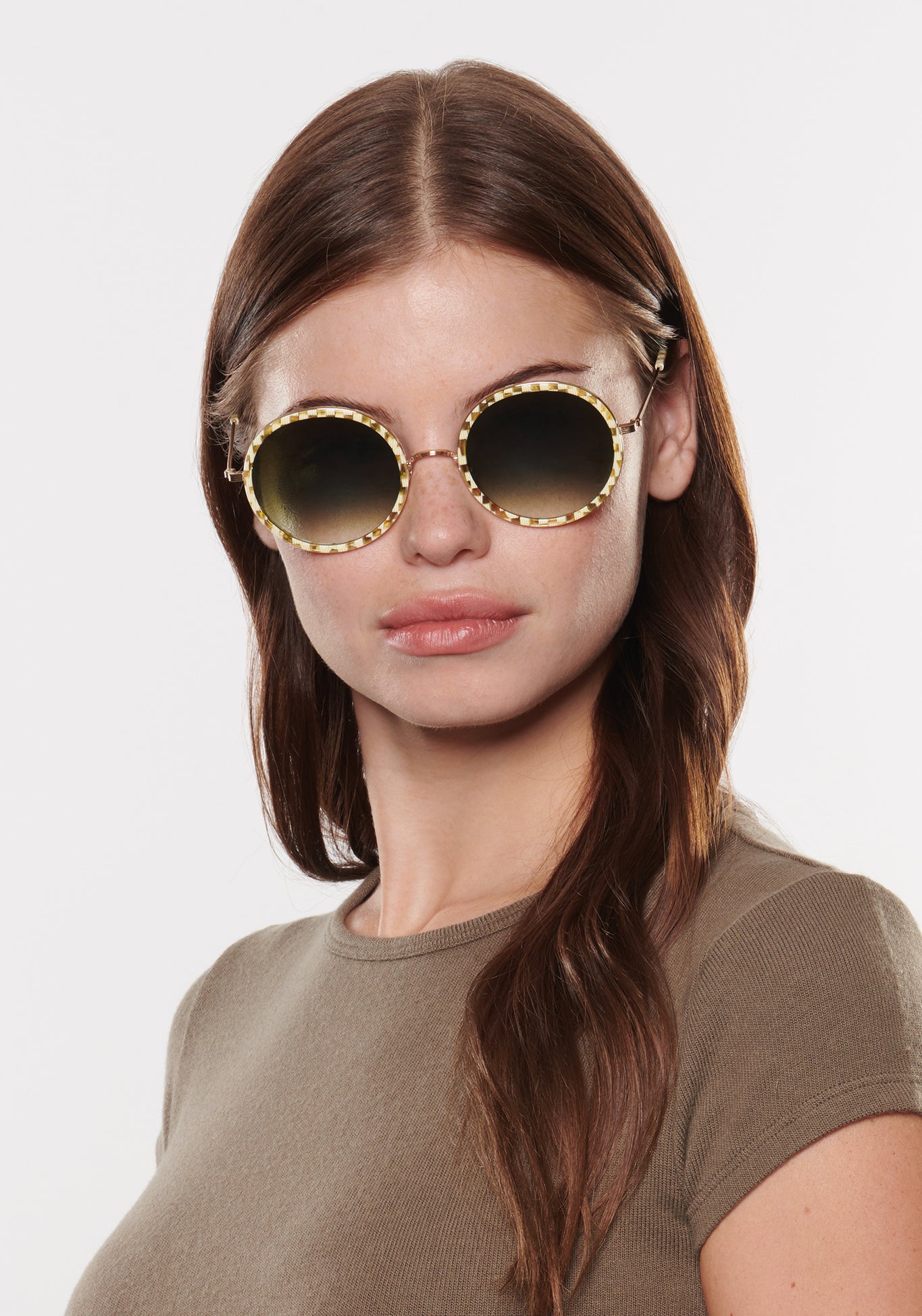 KREWE - LUISA | Yuzu 12K handcrafted, luxury round oversized yellow checkered sunglasses womens model | Model: Katie