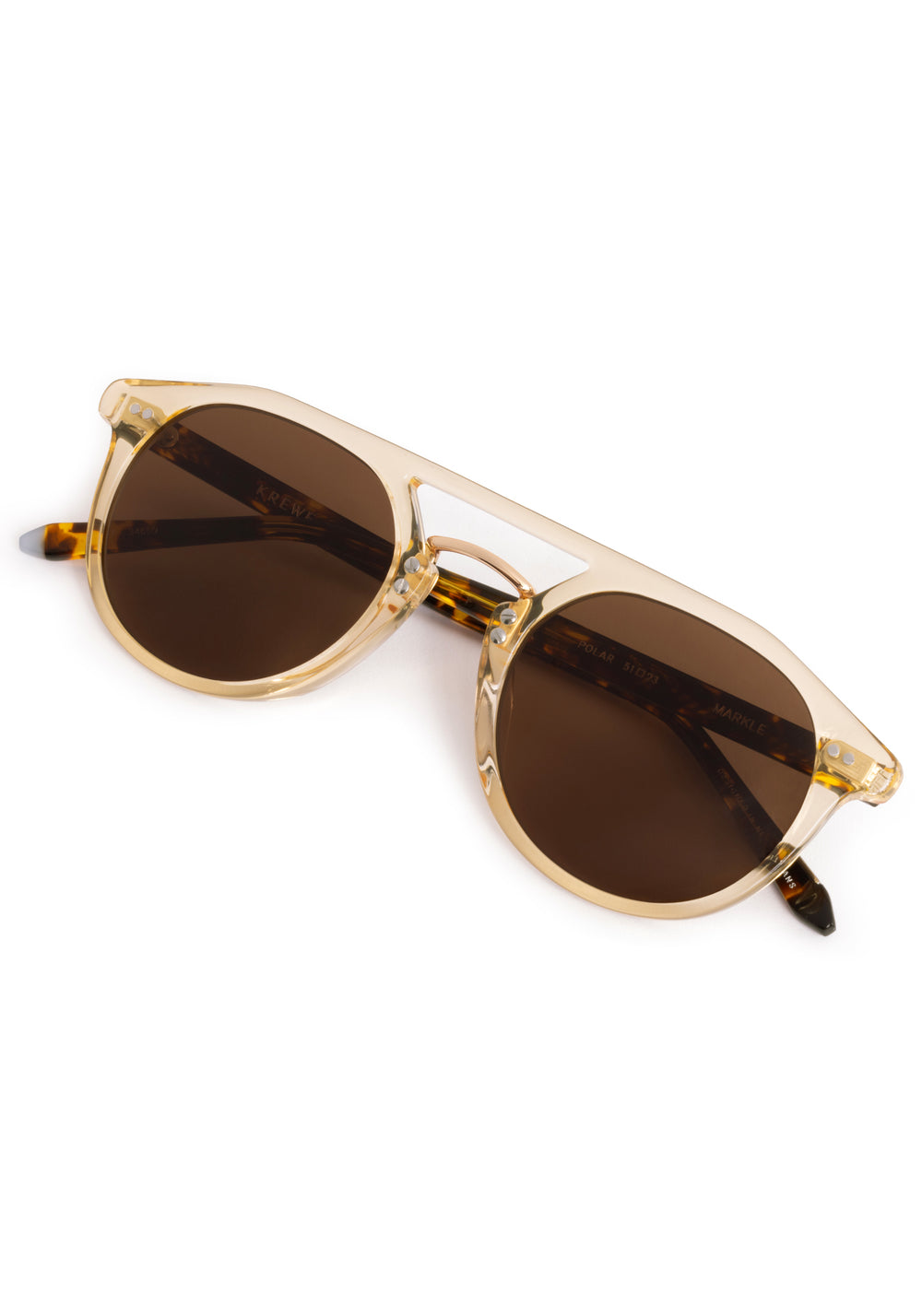 MARKLE | Champagne + Rue Tortoise 18K Polarized Handcrafted, luxury translucent tan acetate medium round KREWE Greyson polarized sunglasses with gold stainless steel metal hardware 