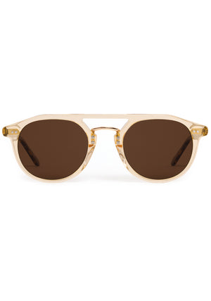 MARKLE | Champagne + Rue Tortoise 18K Polarized Handcrafted, luxury translucent tan acetate medium round KREWE polarized sunglasses with gold stainless steel metal hardware 