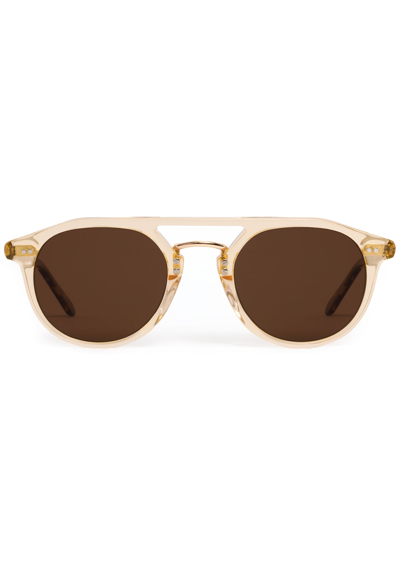 MARKLE | Champagne + Rue Tortoise 18K Polarized Handcrafted, luxury translucent tan acetate medium round KREWE Greyson polarized sunglasses with gold stainless steel metal hardware 