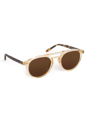 MARKLE | Champagne + Rue Tortoise 18K Polarized Handcrafted, luxury translucent tan acetate medium round KREWE polarized sunglasses with gold stainless steel metal hardware 