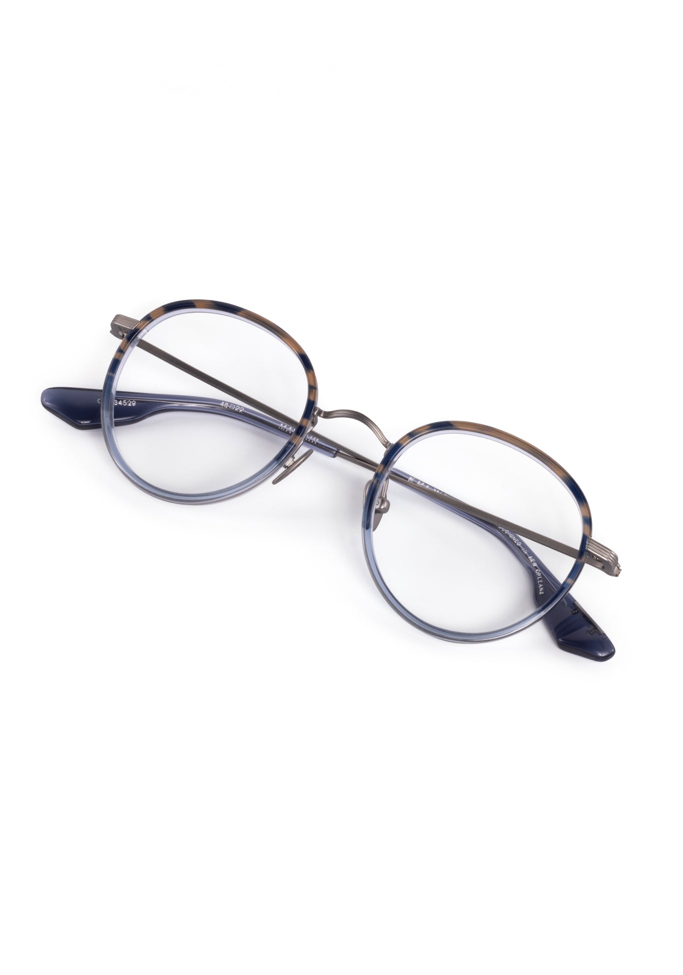 MAYFAIR | Matte Raw Titanium + Rhodes Handcrafted, luxury navy grey acetate and titanium round KREWE eyeglasses