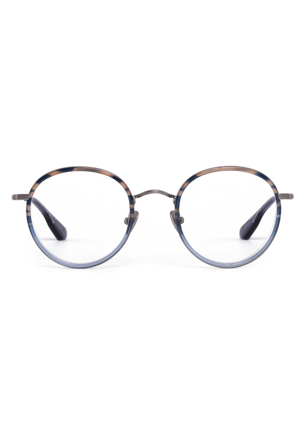 MAYFAIR | Matte Raw Titanium + Rhodes Handcrafted, luxury navy grey acetate and titanium round KREWE eyeglasses