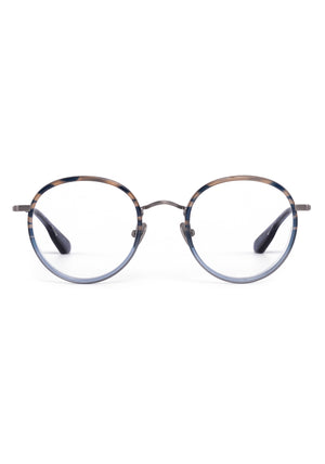 MAYFAIR | Matte Raw Titanium + Rhodes Handcrafted, luxury navy grey acetate and titanium round KREWE eyeglasses