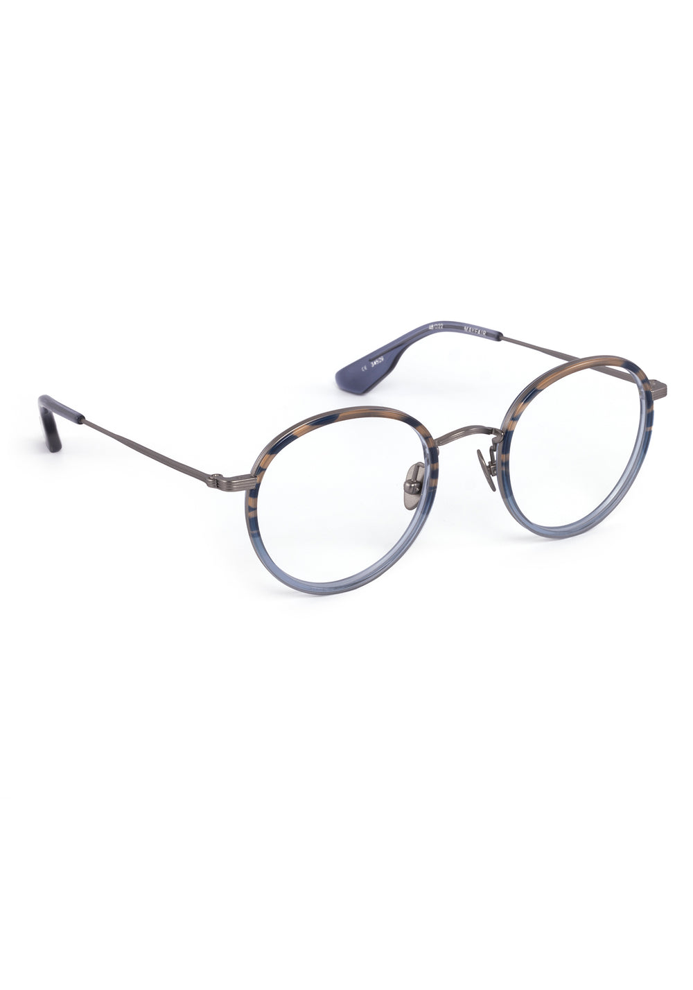 MAYFAIR | Matte Raw Titanium + Rhodes Handcrafted, luxury navy grey acetate and titanium round KREWE eyeglasses