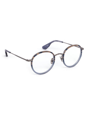 MAYFAIR | Matte Raw Titanium + Rhodes Handcrafted, luxury navy grey acetate and titanium round KREWE eyeglasses