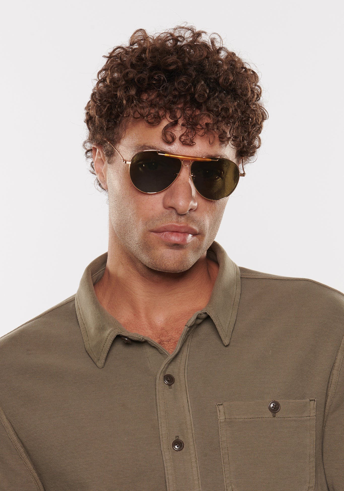 MERRYMEN | 18K + Matte Amaro Polarized Handcrafted, KREWE Vintage Shooter Sunglasses mens model | Model: Miguel