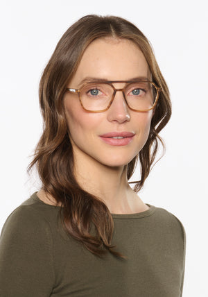 MOORE | Matte Umber Handcrafted, luxury matte brown tan acetate aviator KREWE eyeglasses womens model | Model: Vanessa