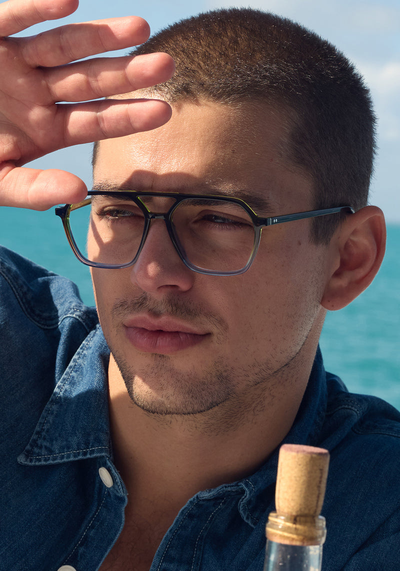 MOORE | Nori Handcrafted, luxury blue and green acetate aviator KREWE eyeglasses mens model campaign | Model: Ryan