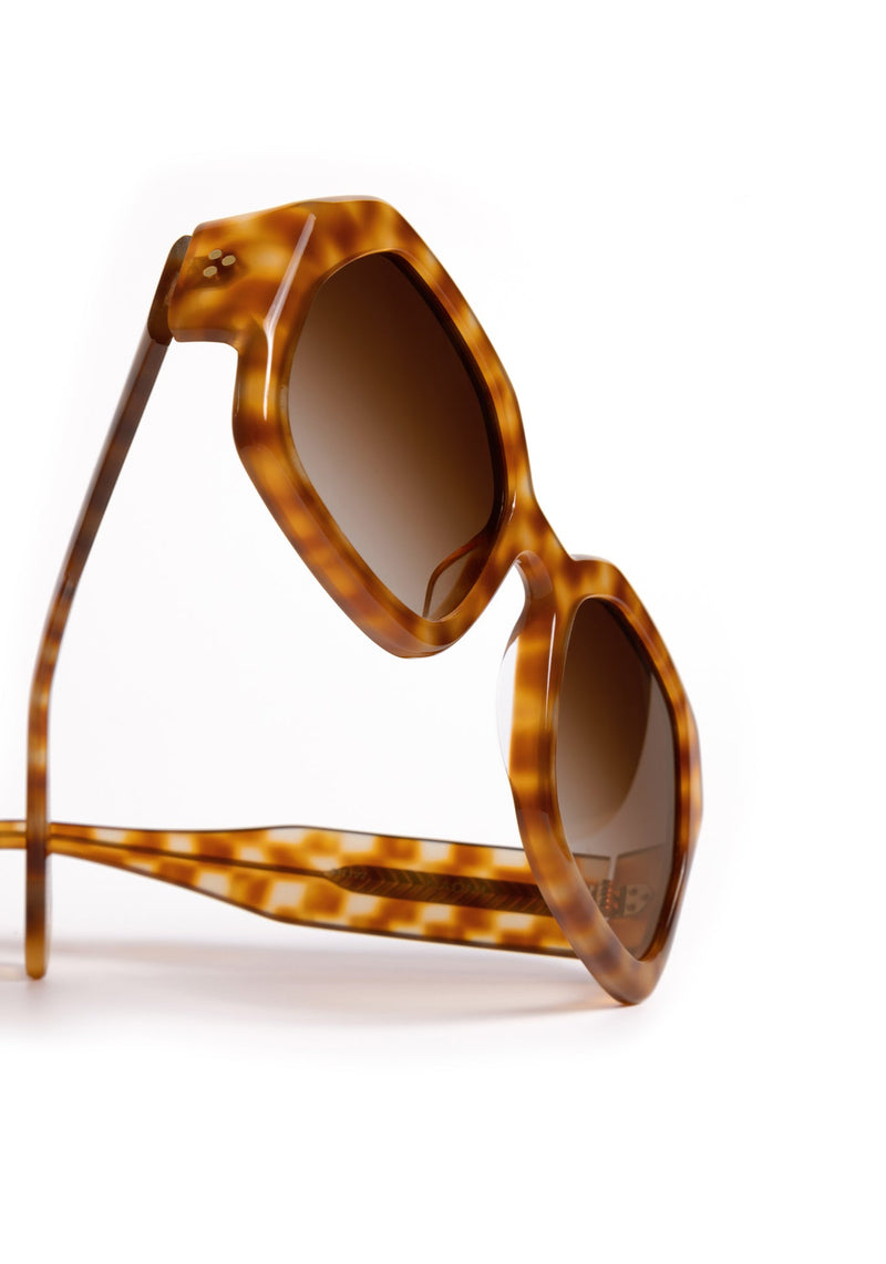 NAOMI | Fernet Handcrafted, luxury brown checkered tortoise acetate oversized geometric wrap KREWE sunglasses womens model