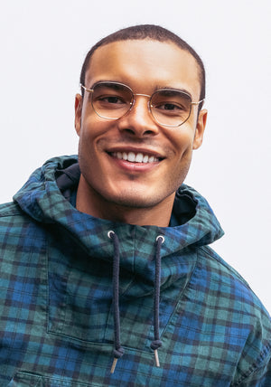 KREWE - NELSON | Matte Black Fade + 18K Handcrafted, luxury 18k stainless steel eyeglasses mens model campaign | Model: Jeffrey