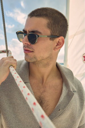 BARRETT | Marsh Polarized Handcrafted, luxury brown and green gradient acetate round KREWE polarized sunglasses mens model campaign | Model: Ryan