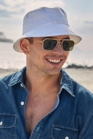 EMERY | 18K + Crystal Polarized luxury crystal clear acetate and stainless steel aviator KREWE polarized sunglasses mens model campaign | Model: Ryan