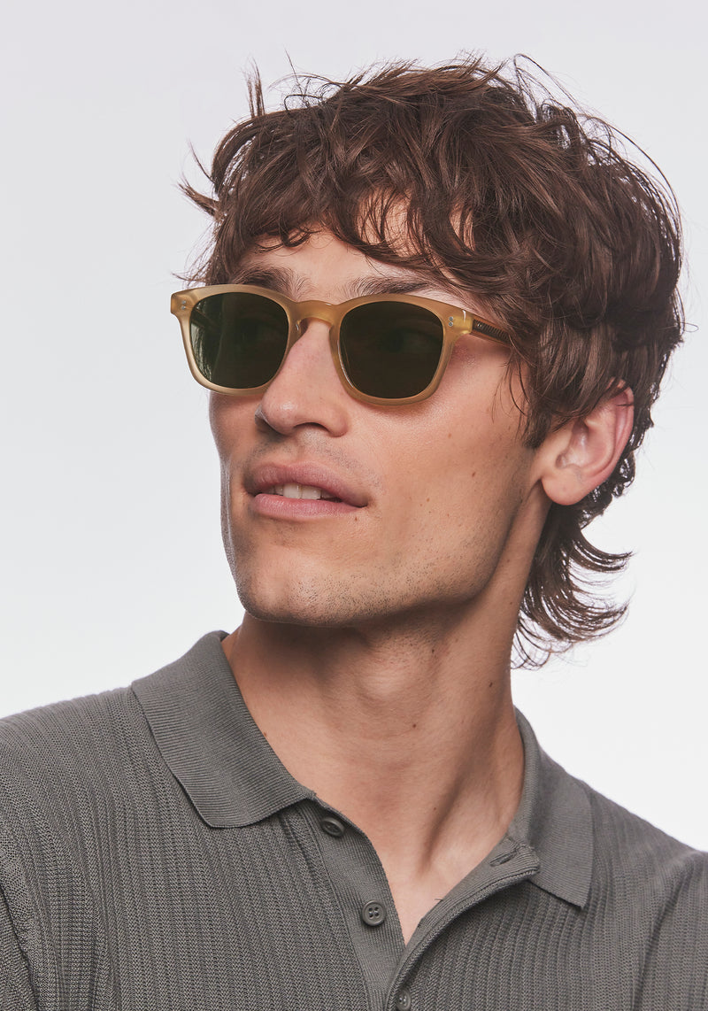 PARKER | Chamomile Handcrafted, luxury glossy tan acetate square wayfarer KREWE sunglasses mens model | Model: Cameron