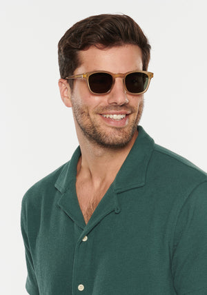 PARKER | Chamomile Handcrafted, luxury glossy tan acetate square wayfarer KREWE sunglasses mens model | Model: Douglas