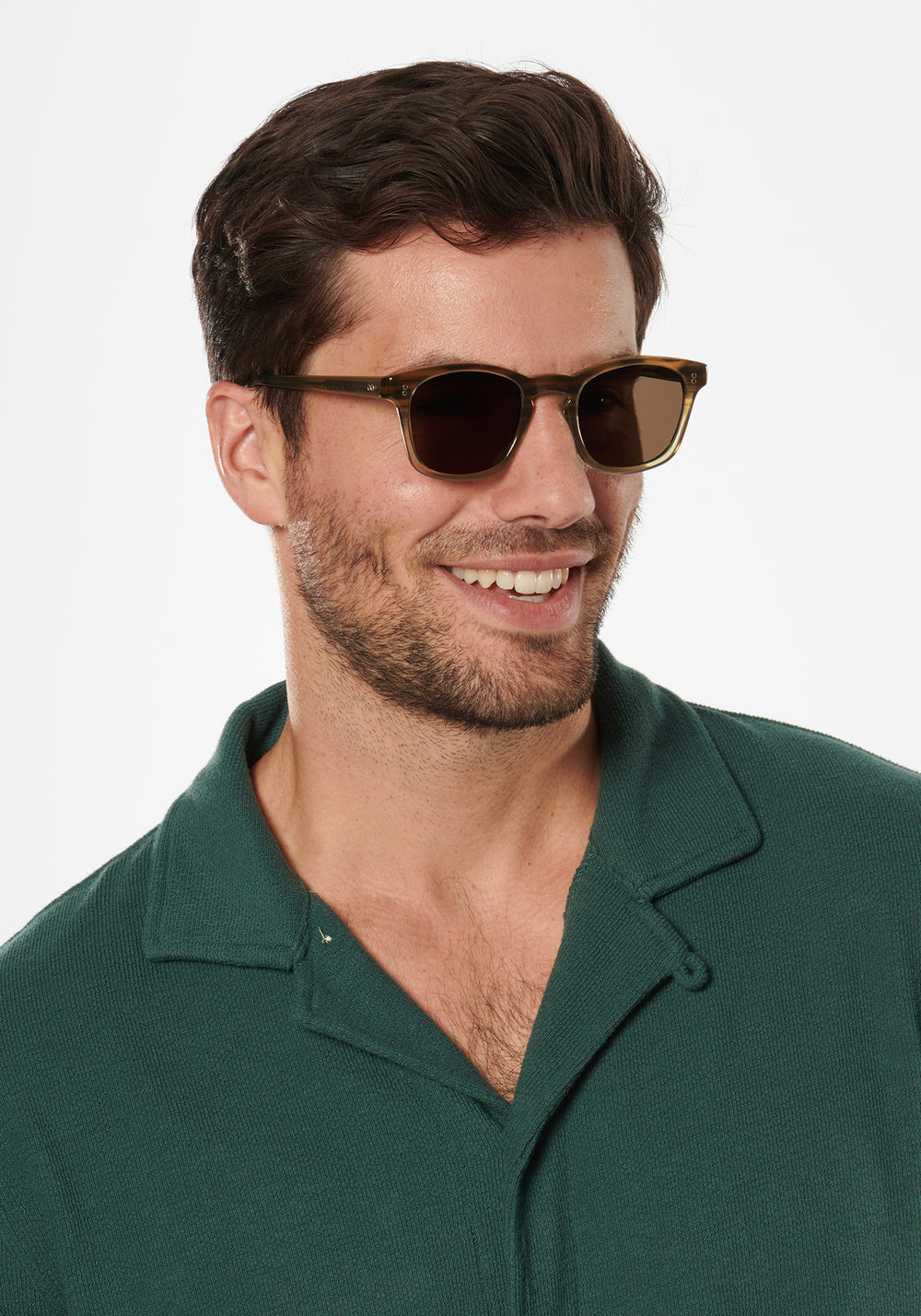 PARKER | Marsh Handcrafted, luxury brown tortoise to green acetate square wayfarer KREWE sunglasses mens model | Model: Douglas