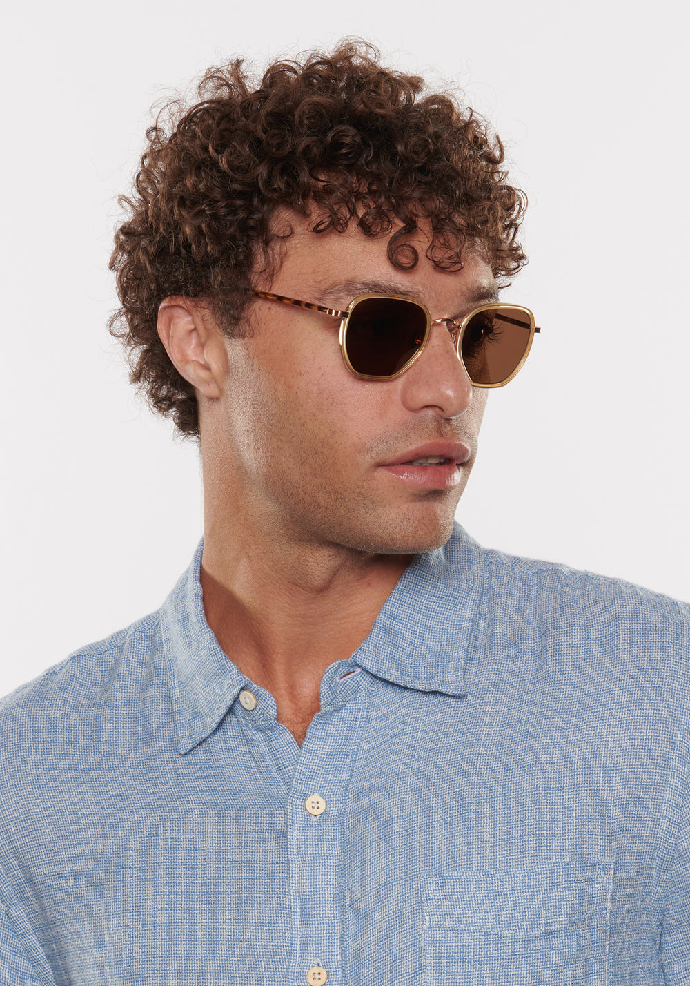 PASCAL | 18K Titanium + Champagne + Rue Tortoise Polarized Handcrafted, Luxury Yellow Acetate KREWE Sunglasses mens model | Model: Miguel