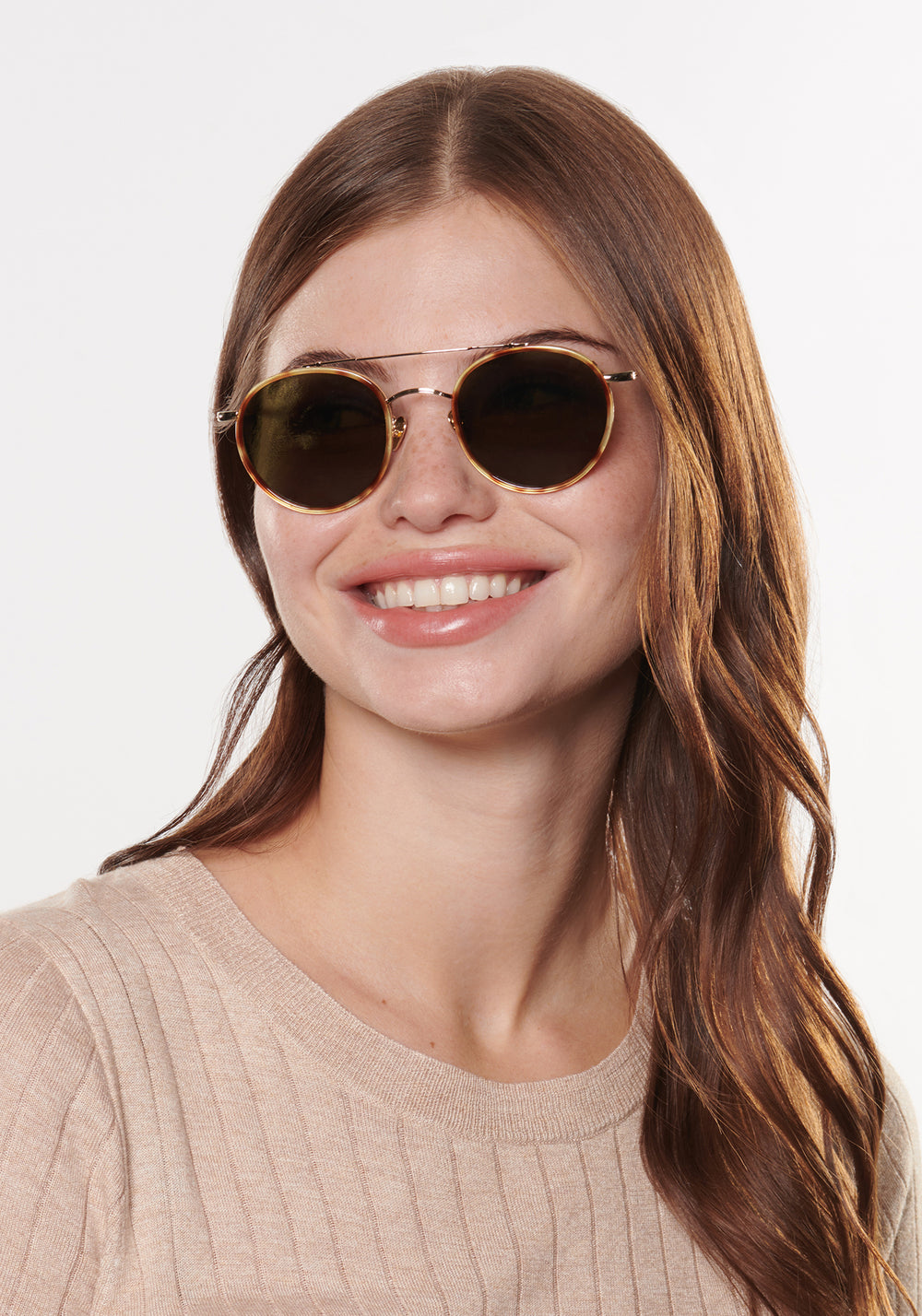 PORTER | 12K Titanium + Hawksbill Polarized Handcrafted, luxury brown tortoise acetate and titanium round aviator polarized KREWE sunglasses womens model | Model: Katie