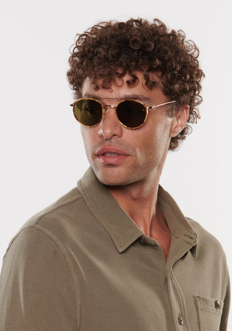 PORTER | 12K Titanium + Hawksbill Polarized Handcrafted, luxury brown tortoise acetate and titanium round aviator polarized KREWE sunglasses mens model | Model: Miguel