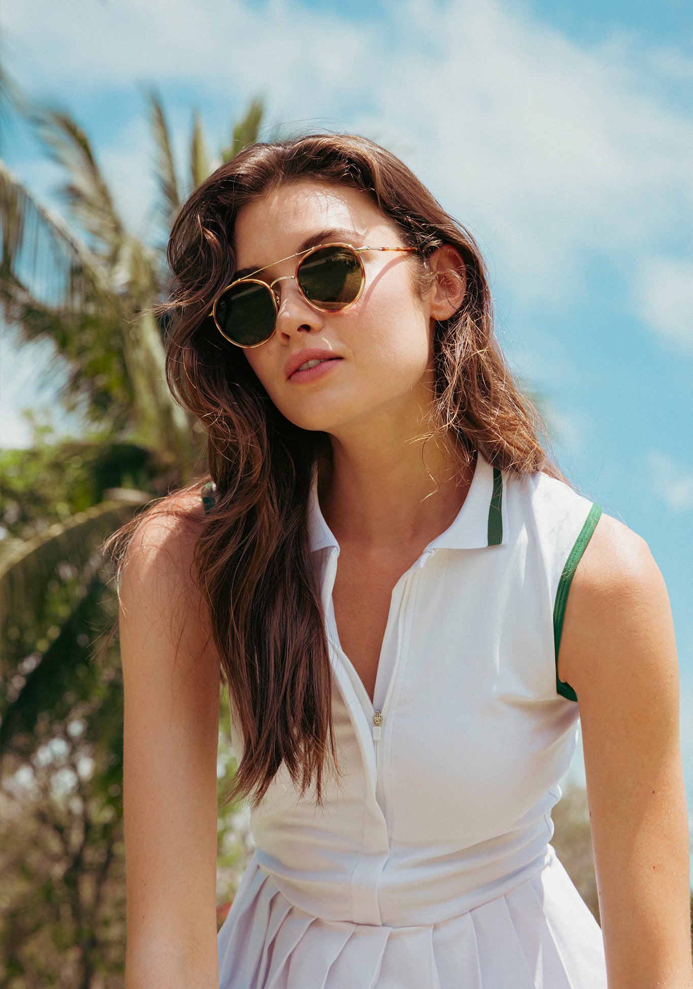 PORTER | 12K Titanium + Hawksbill Polarized Handcrafted, luxury brown tortoise acetate and titanium round aviator polarized KREWE sunglasses womens model campaign | Model: Kennidy