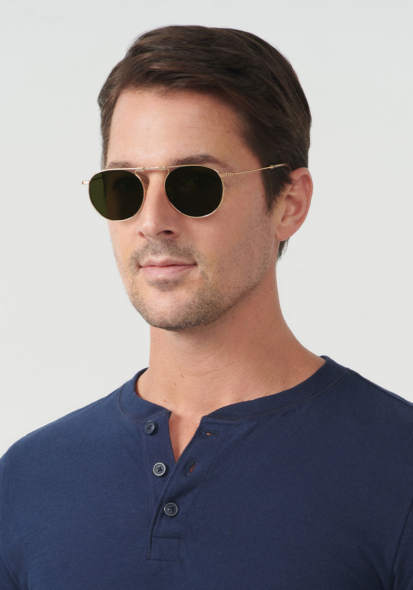 RAMPART FOLD | 18K + Crystal Polarized, Handcrafted Luxury Foldable KREWE Sunglasses mens model | Model: Tom