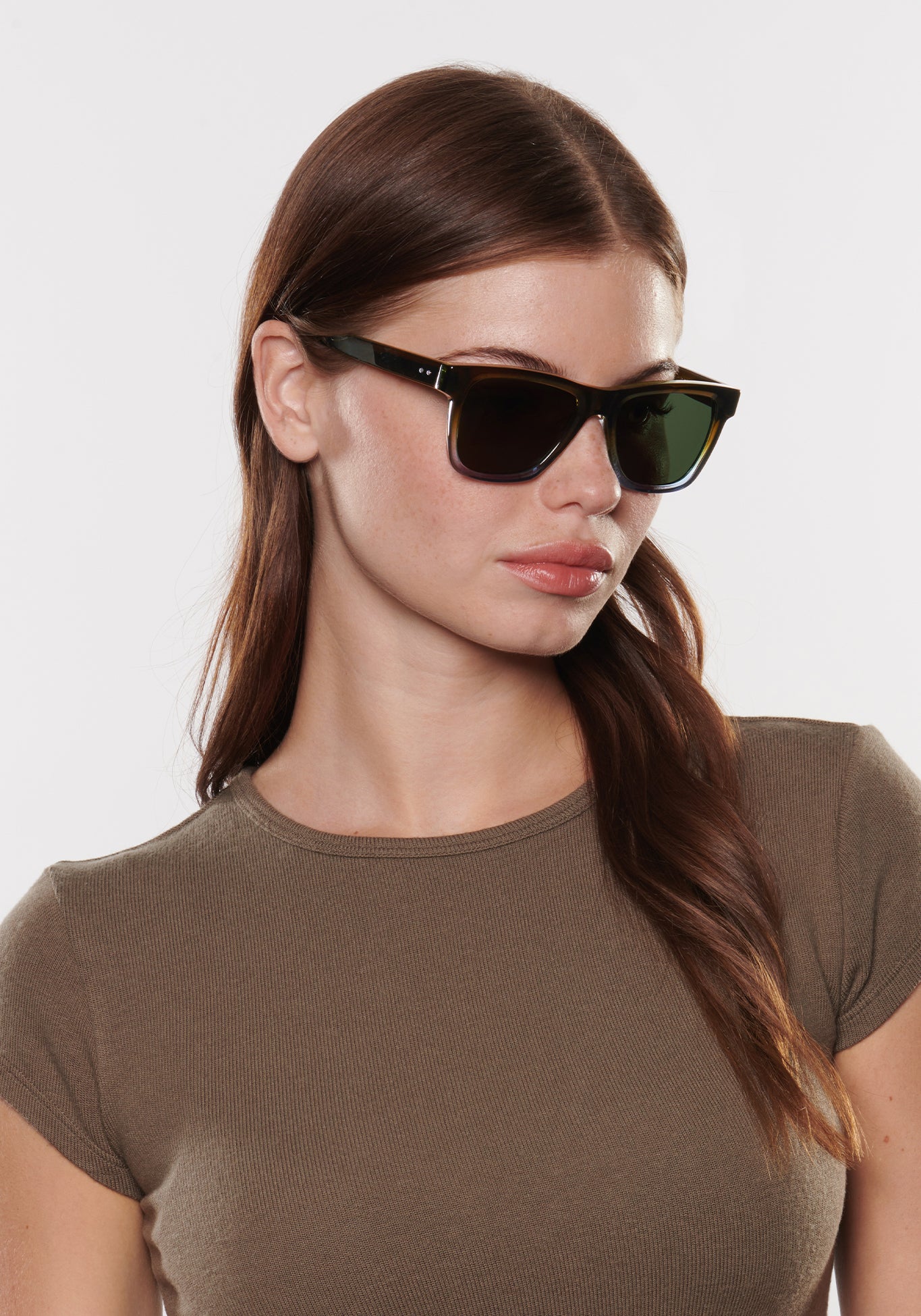 RORY | Nori Handcrafted, luxury brown green light blue gradient acetate large square rectangular KREWE Greyson sunglasses womens model | Model: Katie