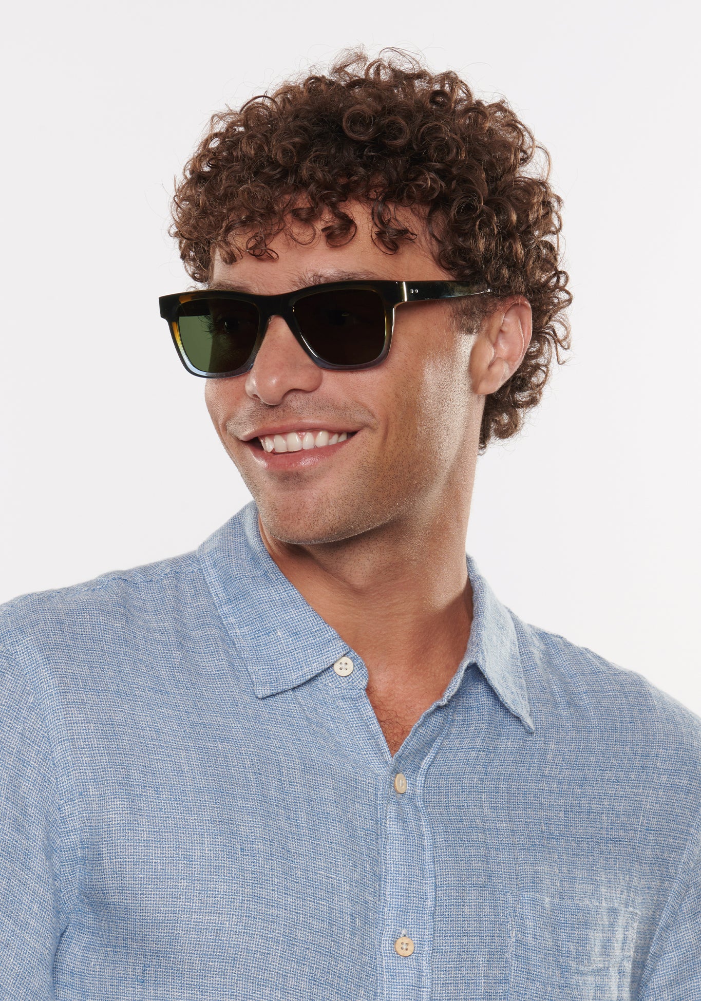 RORY | Nori Handcrafted, luxury brown green light blue gradient acetate large square rectangular KREWE Greyson sunglasses mens model | Model: Miguel