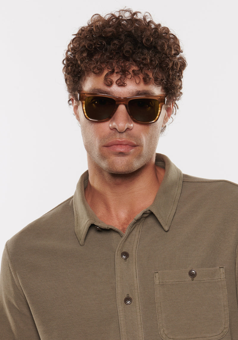 RORY | Umber Handcrafted, luxury tan brown acetate large square rectangular KREWE Greyson sunglasses mens model | Model: Miguel