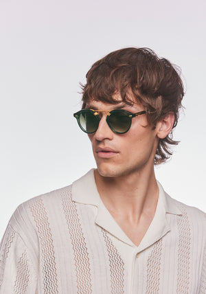 STL II | Bottle Green + Zulu 24K Handcrafted, luxury, green Acetate KREWE Sunglasses mens model | Model: Cameron