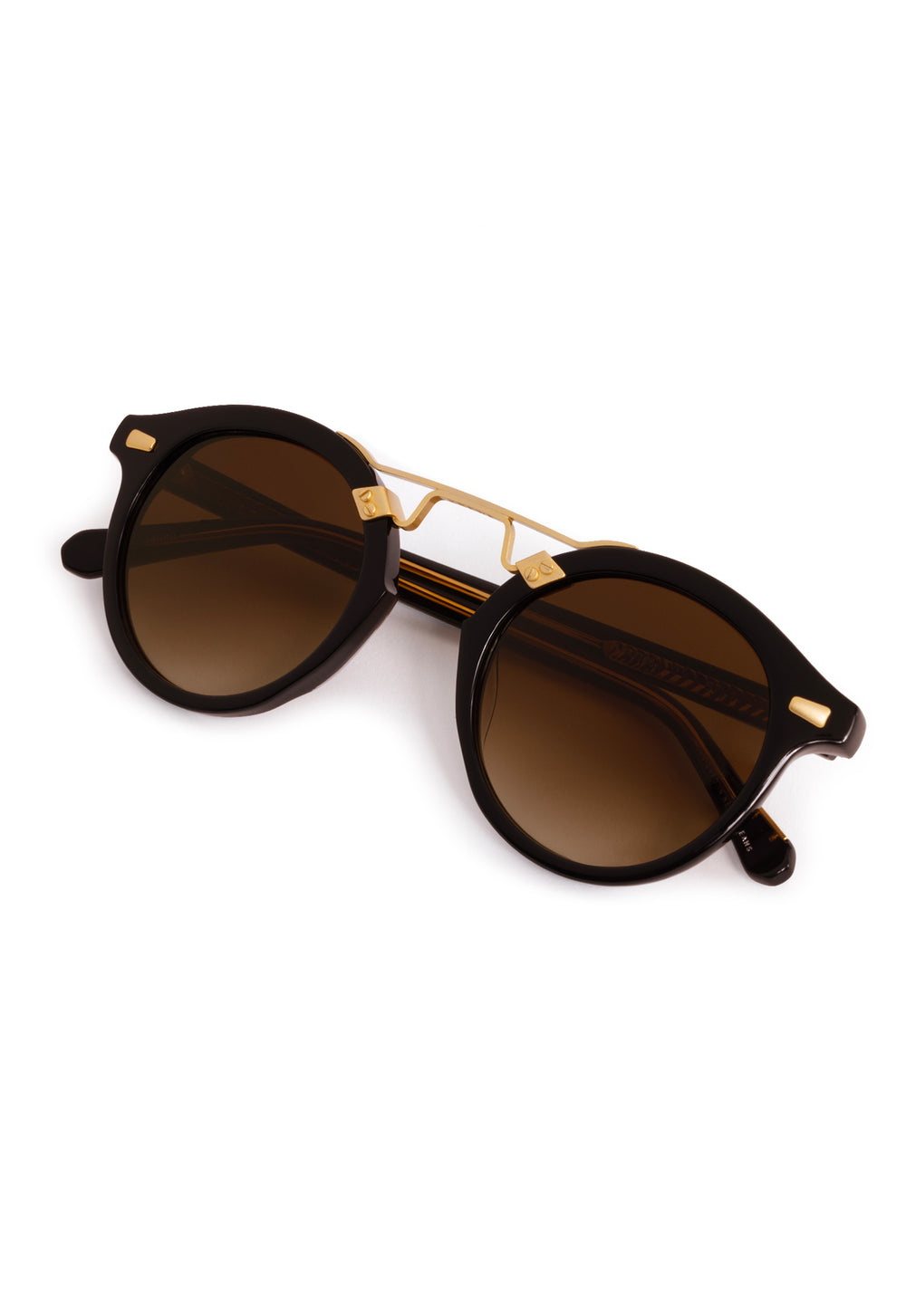 STL II | Black + Black Tea 18K Handcrafted, large round black acetate and 18K gold metal bridge KREWE sunglasses 