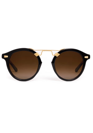 STL II | Black + Black Tea 18K Handcrafted, large round black acetate and 18K gold metal bridge KREWE sunglasses 