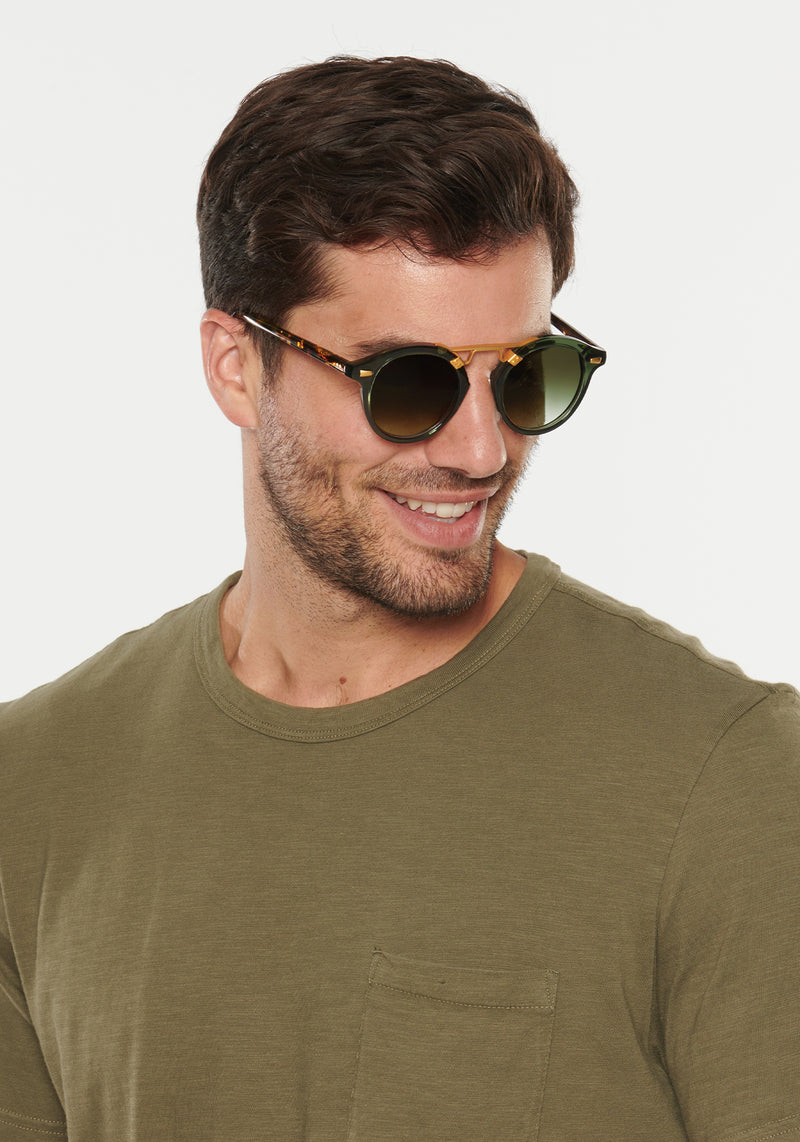 STL II | Bottle Green + Zulu 24K Handcrafted, luxury, green Acetate KREWE Sunglasses mens model | Model: Douglas