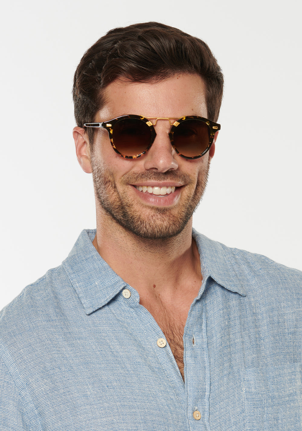 STL II | Zulu 24K - round Sunglasses handcrafted from Luxury tortoise acetate featuring 24K gold hardware mens model | Model: Douglas