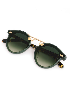 STL NYLON | Bottle Green + Zulu 18K Handcrafted, luxury dark green acetate round KREWE sunglasses with flat edge to edge nylon lens and 18k gold metal bridge