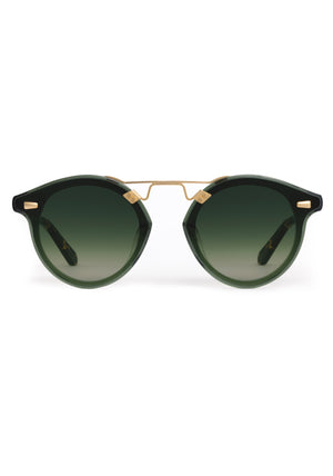 STL NYLON | Bottle Green + Zulu 18K Handcrafted, luxury dark green acetate round KREWE sunglasses with flat edge to edge nylon lens and 18k gold metal bridge