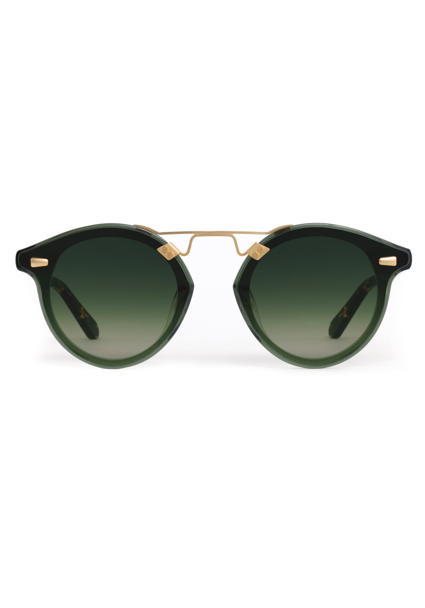 STL NYLON | Bottle Green + Zulu 18K Handcrafted, luxury dark green acetate round KREWE sunglasses with flat edge to edge nylon lens and 18k gold metal bridge