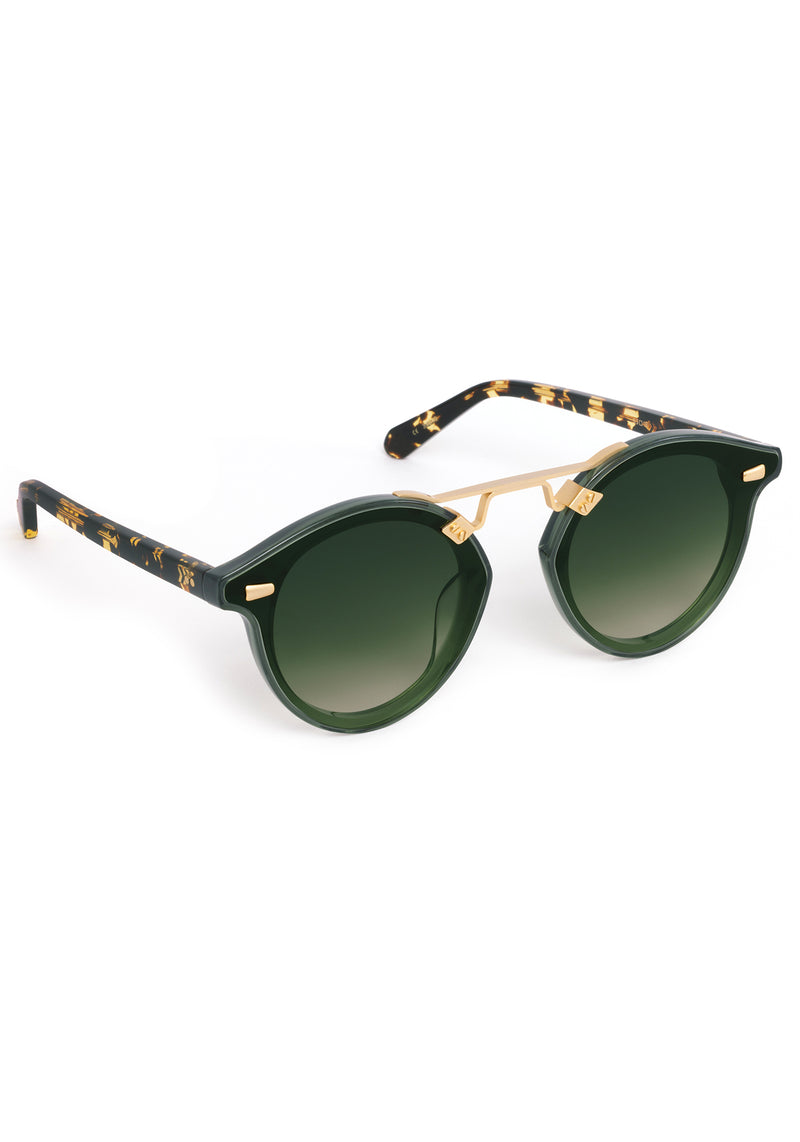 STL NYLON | Bottle Green + Zulu 18K Handcrafted, luxury dark green acetate round KREWE sunglasses with flat edge to edge nylon lens and 18k gold metal bridge