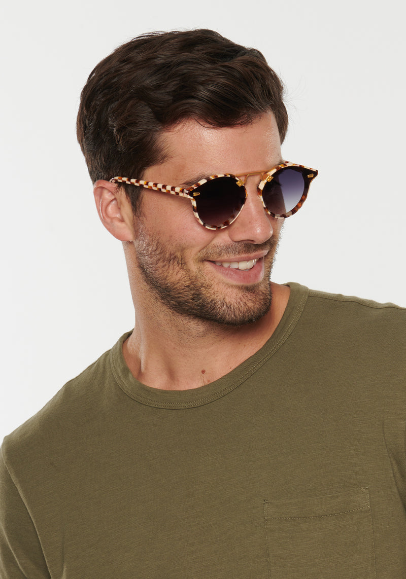 STL NYLON | Caffe 24K Handcrafted, luxury brown checkered acetate round KREWE sunglasses with flat edge to edge nylon lens mens model | Model: Douglas